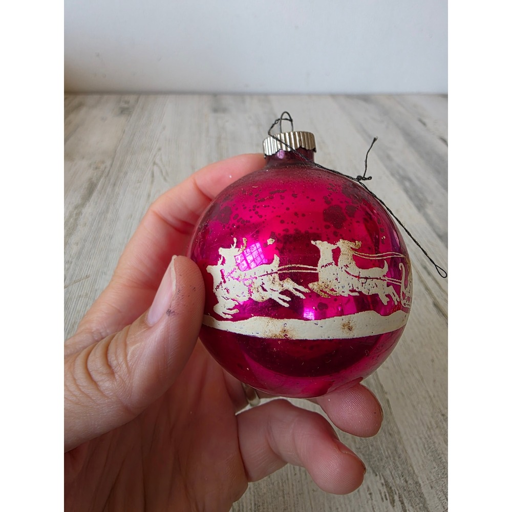 Vintage shiny Brite reindeer sleigh Santa stencil pink glass ornament Mercury